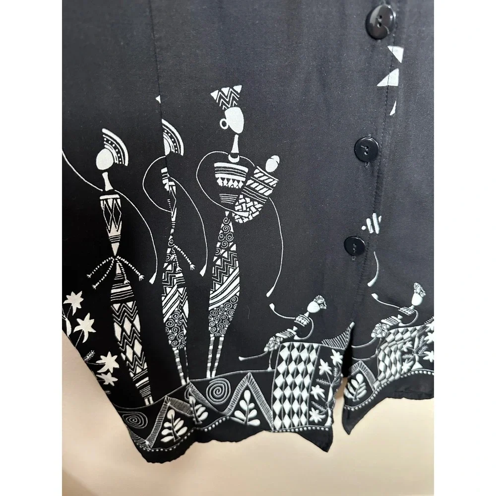 R&K Originals Woman Black White Tribal Print Button Front Midi Dress 16W VTG